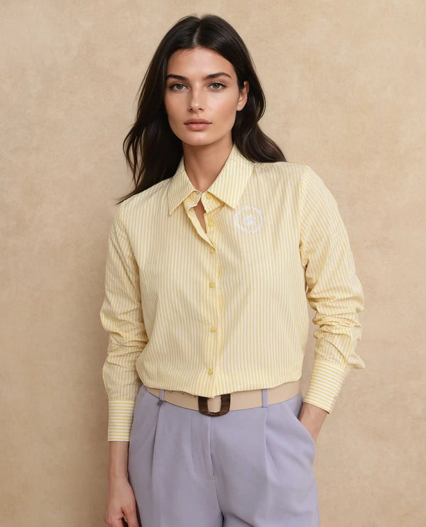 Rareism Women Robbu Yellow Cuffed Sleeve Collared Neck Button Closure Narrow Stripes Shirt