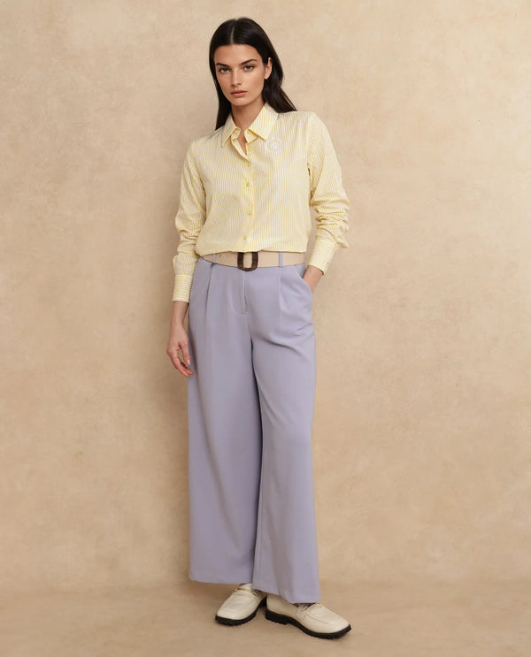Rareism Women Robbu Yellow Cuffed Sleeve Collared Neck Button Closure Narrow Stripes Shirt