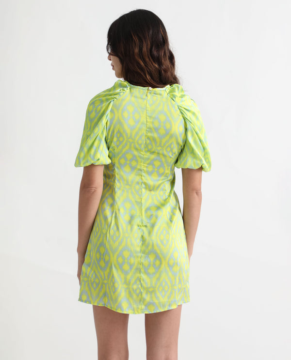 Rareism Women Robertson Fluorescent Yellow Polyester Fabric Short Sleeves Zip Closure Round Neck Puff Sleeve Boxy Fit Geometric Print Short Dress