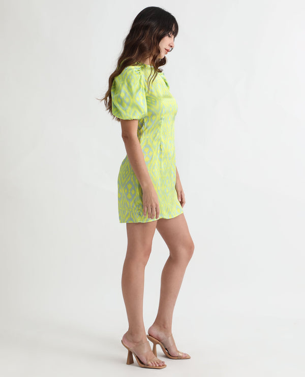 Rareism Women Robertson Fluorescent Yellow Polyester Fabric Short Sleeves Zip Closure Round Neck Puff Sleeve Boxy Fit Geometric Print Short Dress