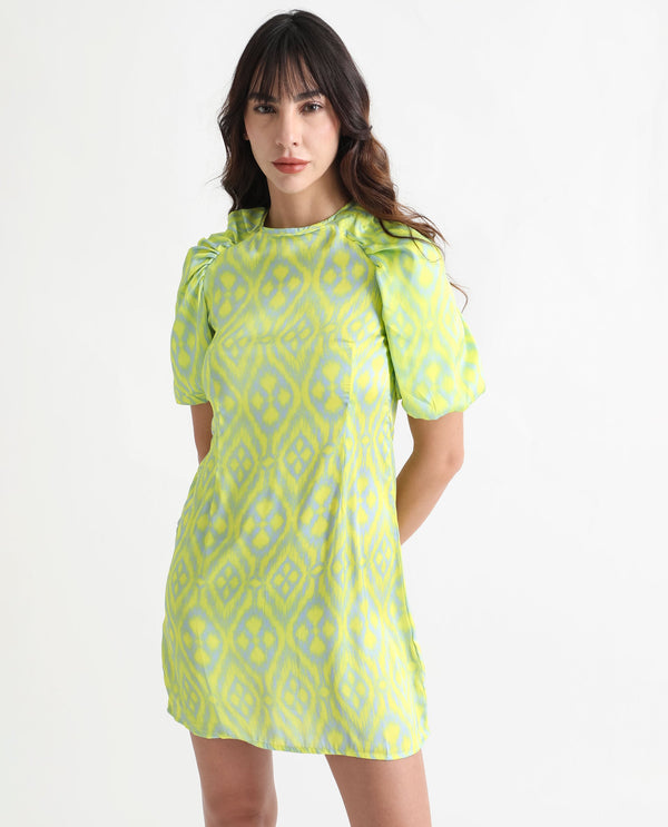 Rareism Women Robertson Fluorescent Yellow Polyester Fabric Short Sleeves Zip Closure Round Neck Puff Sleeve Boxy Fit Geometric Print Short Dress