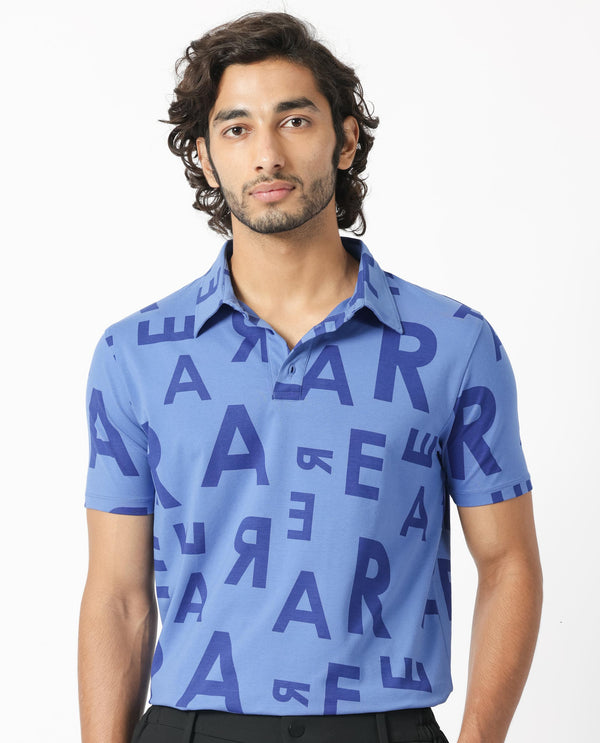 Rare Rabbit Men's Rocha Dark Blue Cotton Lycra Fabric Collared Neck Half Sleeves Statement Polo T-Shirt