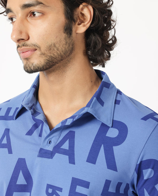 Rare Rabbit Men's Rocha Dark Blue Cotton Lycra Fabric Collared Neck Half Sleeves Statement Polo T-Shirt