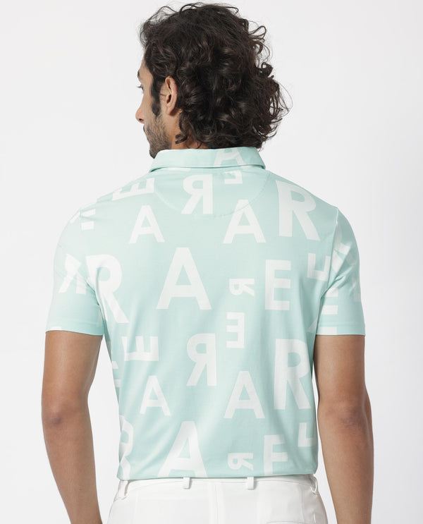 Rare Rabbit Men's Rocha Light Turq Cotton Lycra Fabric Collared Neck Half Sleeves Statement Polo T-Shirt