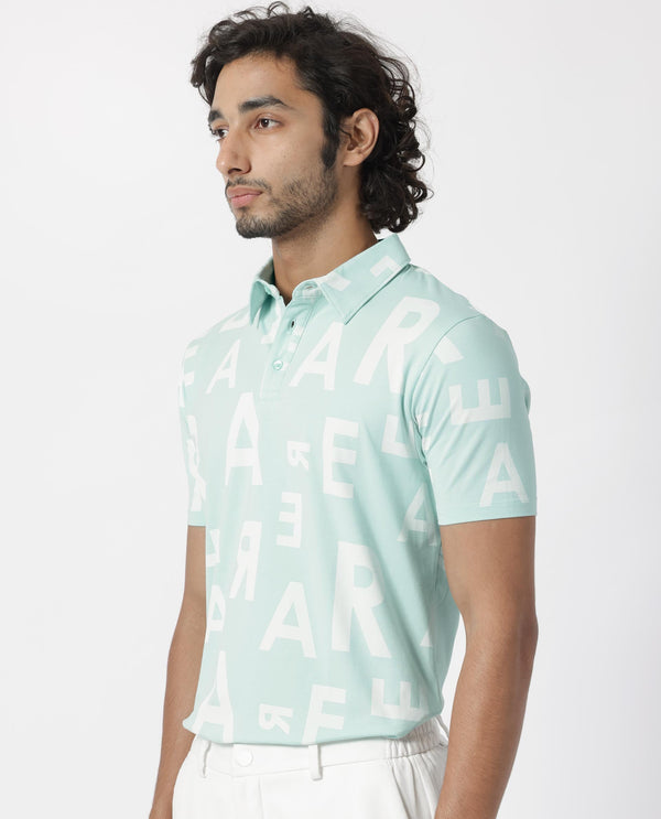 Rare Rabbit Men's Rocha Light Turq Cotton Lycra Fabric Collared Neck Half Sleeves Statement Polo T-Shirt