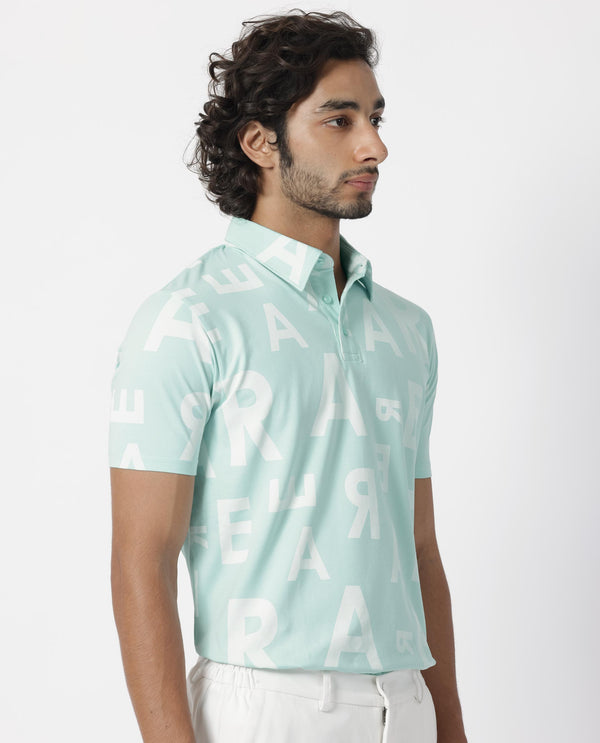 Rare Rabbit Men's Rocha Light Turq Cotton Lycra Fabric Collared Neck Half Sleeves Statement Polo T-Shirt