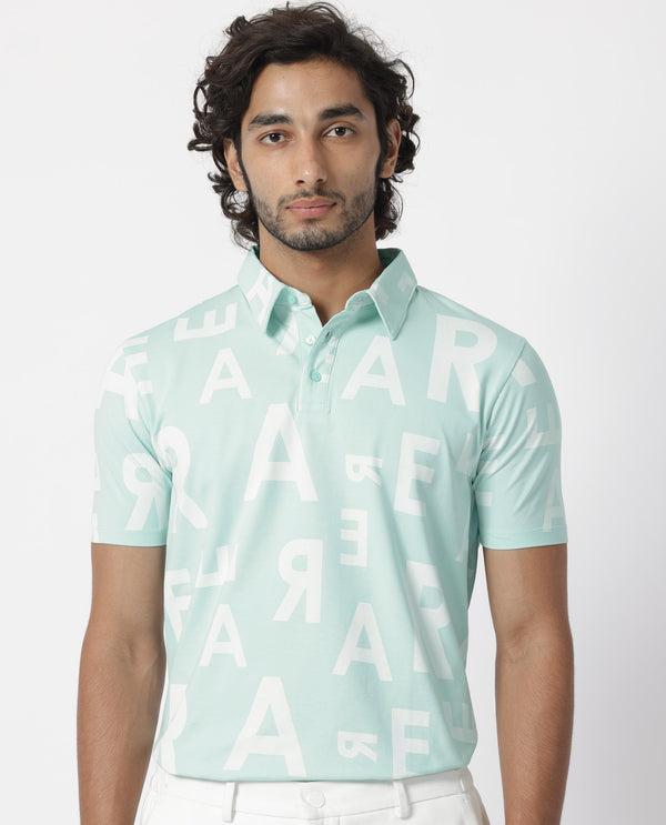 Rare Rabbit Men's Rocha Light Turq Cotton Lycra Fabric Collared Neck Half Sleeves Statement Polo T-Shirt