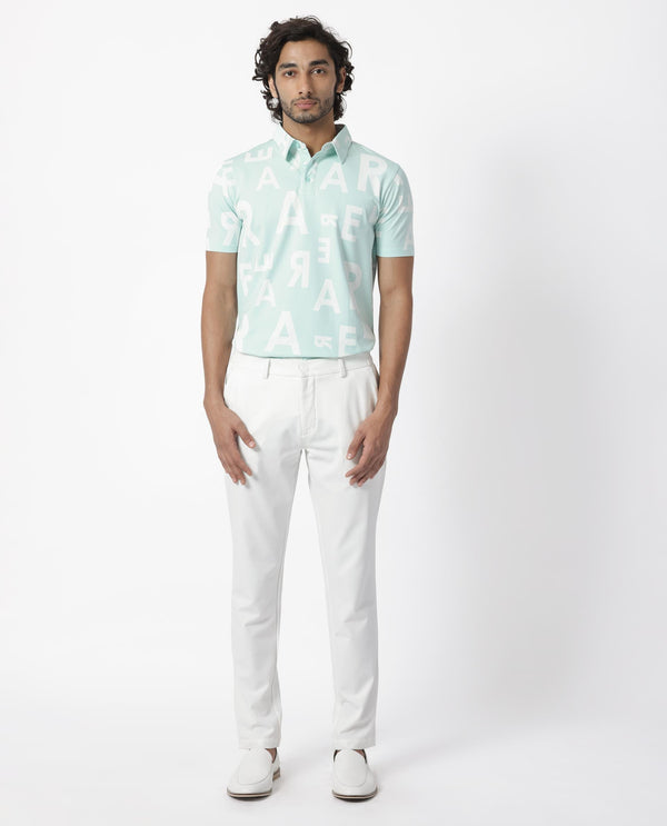 Rare Rabbit Men's Rocha Light Turq Cotton Lycra Fabric Collared Neck Half Sleeves Statement Polo T-Shirt