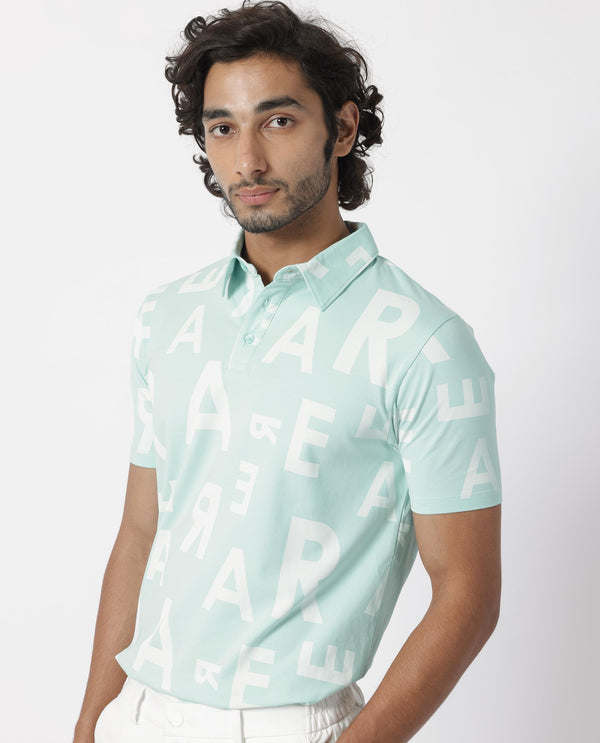 Rare Rabbit Men's Rocha Light Turq Cotton Lycra Fabric Collared Neck Half Sleeves Statement Polo T-Shirt