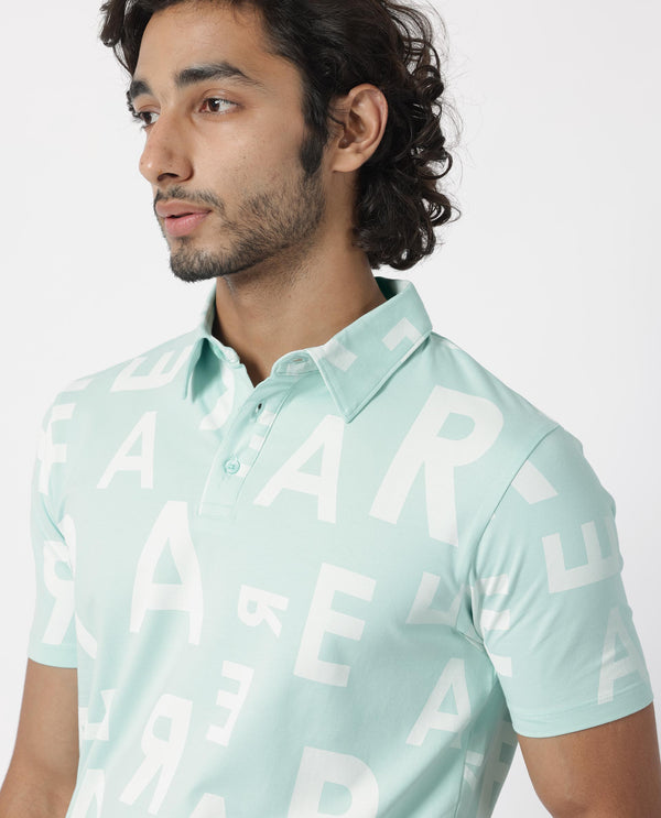 Rare Rabbit Men's Rocha Light Turq Cotton Lycra Fabric Collared Neck Half Sleeves Statement Polo T-Shirt