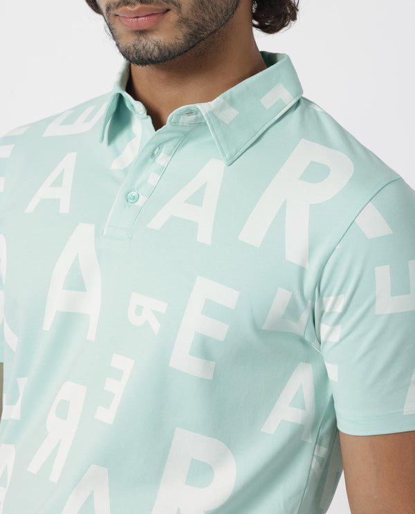 Rare Rabbit Men's Rocha Light Turq Cotton Lycra Fabric Collared Neck Half Sleeves Statement Polo T-Shirt