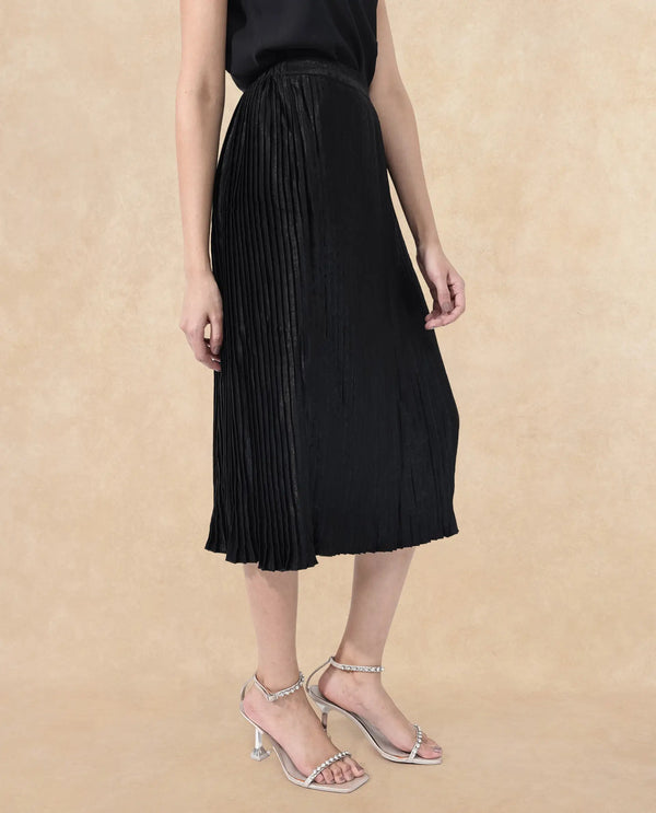 Rareism Women Rochrille Black Polyester Fabric Solid Ankle Length Skirt