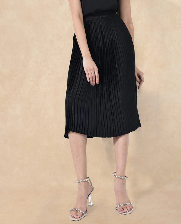 Rareism Women Rochrille Black Polyester Fabric Solid Ankle Length Skirt