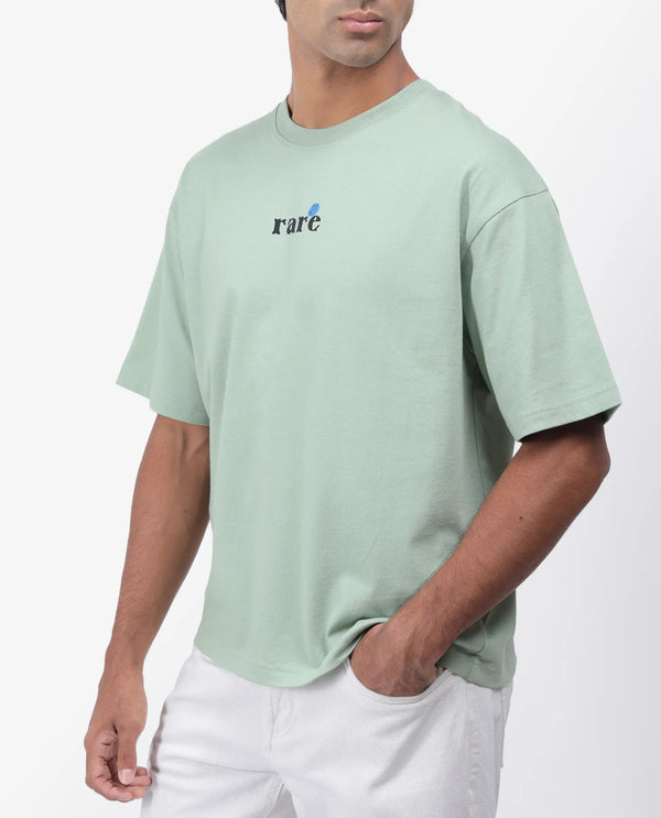 Rare Rabbit Men Roe Green Cotton Fabric Short Sleeve Slip-On Oversized Fit Graphic Print T-Shirt