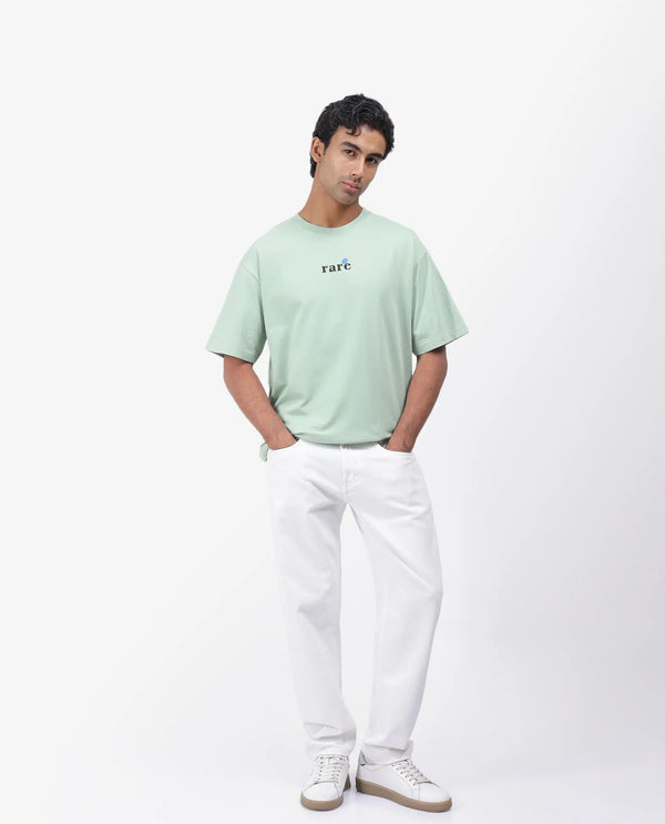 Rare Rabbit Men Roe Green Cotton Fabric Short Sleeve Slip-On Oversized Fit Graphic Print T-Shirt