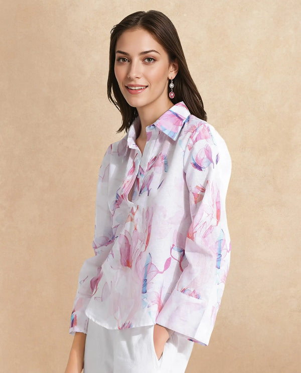 Rareism Women Rofianie Light Multi Bell Sleeves Collared Collar Abstract Print Top