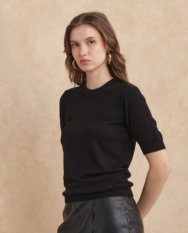 Rareism Women Rohrdo Black Full Sleeve Crew Neck Plain Sweater