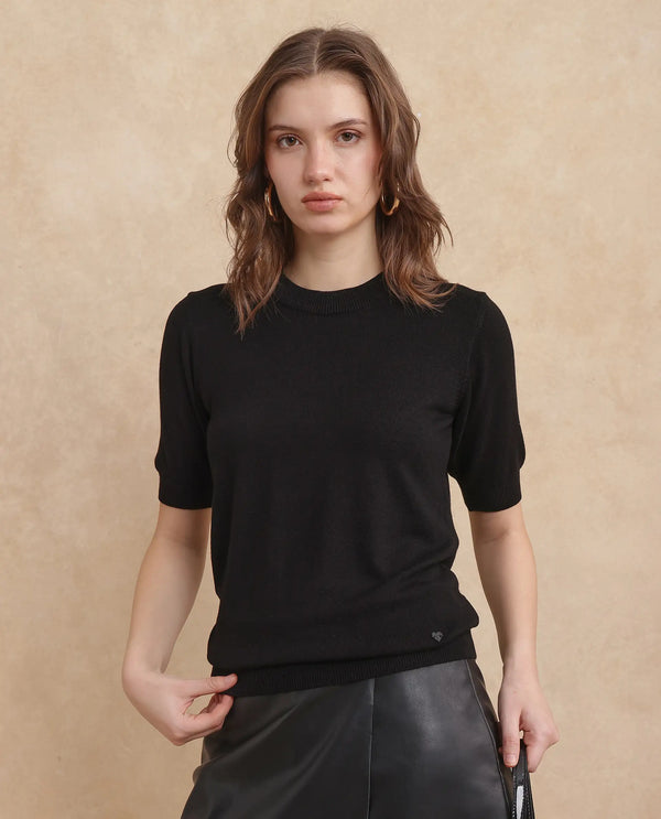 Rareism Women Rohrdo Black Full Sleeve Crew Neck Plain Sweater