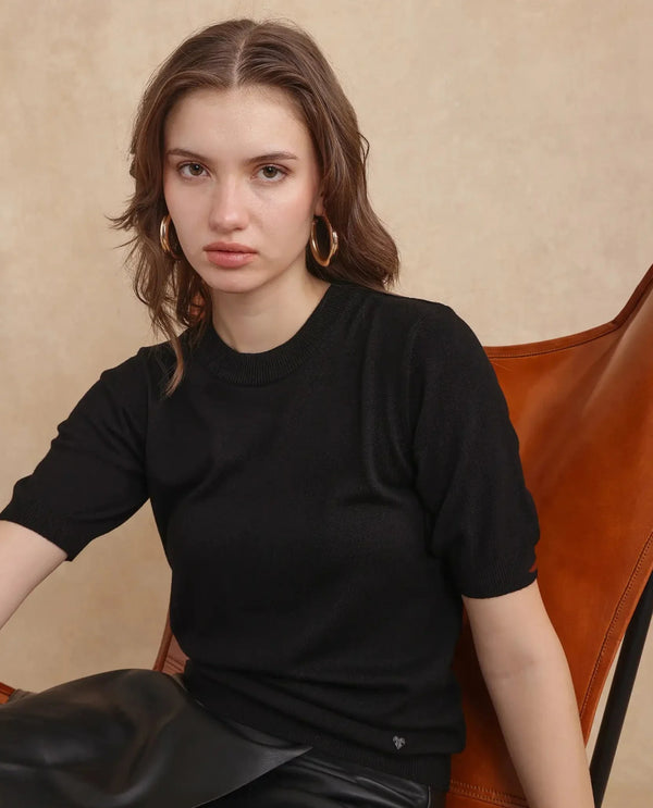 Rareism Women Rohrdo Black Full Sleeve Crew Neck Plain Sweater