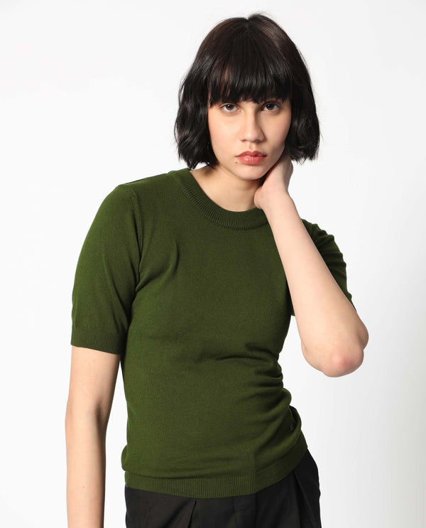Rareism Women Rohrdo Olive Viscose Fabric Half Sleeves Regular Fit Solid Round Neck Sweater