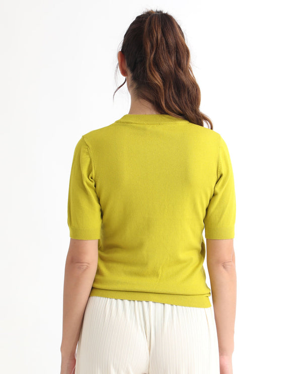 Rareism Women Rohrdo Light Yellow Viscose Fabric Half Sleeves Regular Fit Solid Round Neck Sweater