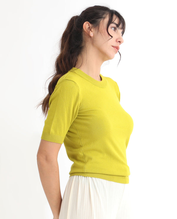 Rareism Women Rohrdo Light Yellow Viscose Fabric Half Sleeves Regular Fit Solid Round Neck Sweater