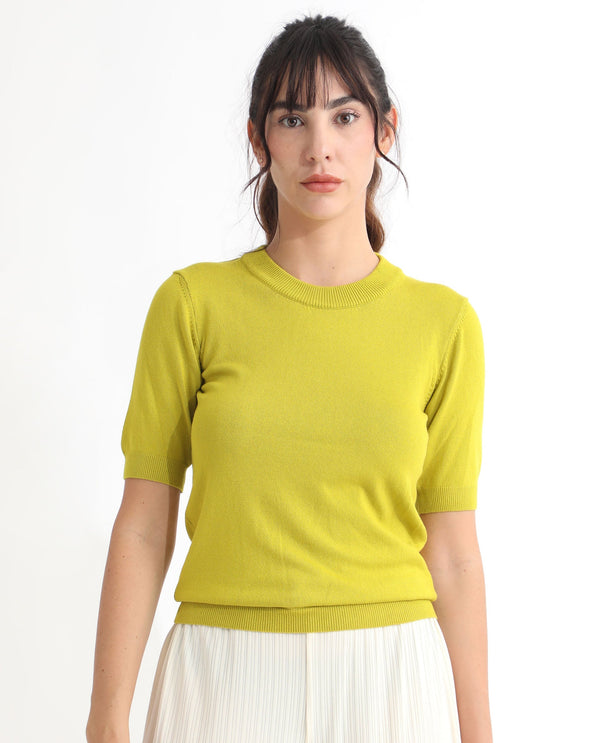 Rareism Women Rohrdo Light Yellow Viscose Fabric Half Sleeves Regular Fit Solid Round Neck Sweater