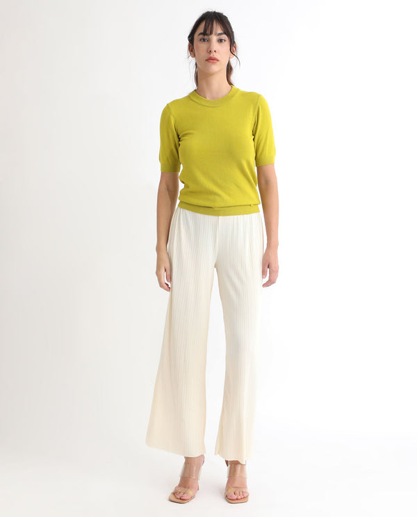 Rareism Women Rohrdo Light Yellow Viscose Fabric Half Sleeves Regular Fit Solid Round Neck Sweater