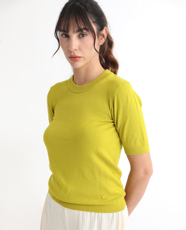 Rareism Women Rohrdo Light Yellow Viscose Fabric Half Sleeves Regular Fit Solid Round Neck Sweater