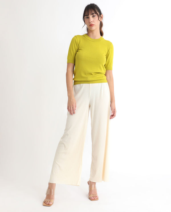 Rareism Women Rohrdo Light Yellow Viscose Fabric Half Sleeves Regular Fit Solid Round Neck Sweater