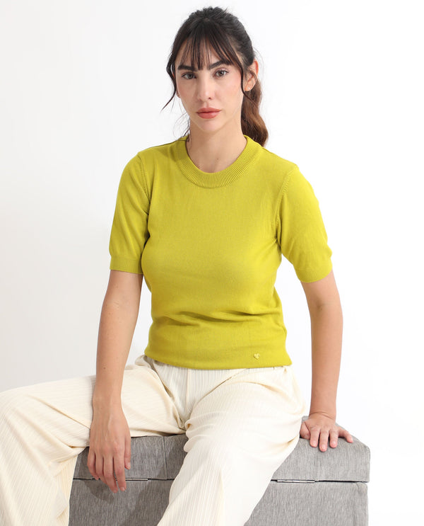 Rareism Women Rohrdo Light Yellow Viscose Fabric Half Sleeves Regular Fit Solid Round Neck Sweater