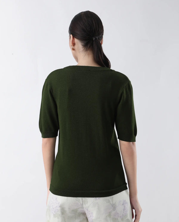 Rareism Women Rohrdo Green Plain Crew Neck Plain Sweater