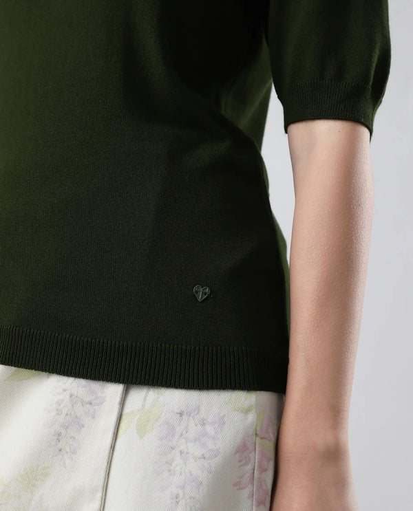 Rareism Women Rohrdo Green Plain Crew Neck Plain Sweater