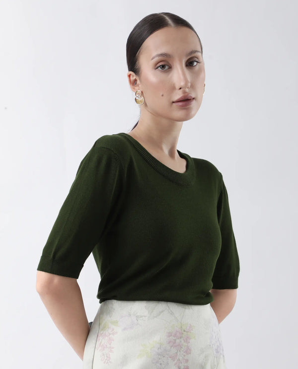 Rareism Women Rohrdo Green Plain Crew Neck Plain Sweater