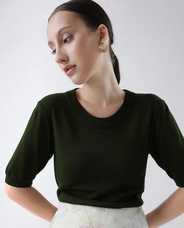 Rareism Women Rohrdo Green Plain Crew Neck Plain Sweater