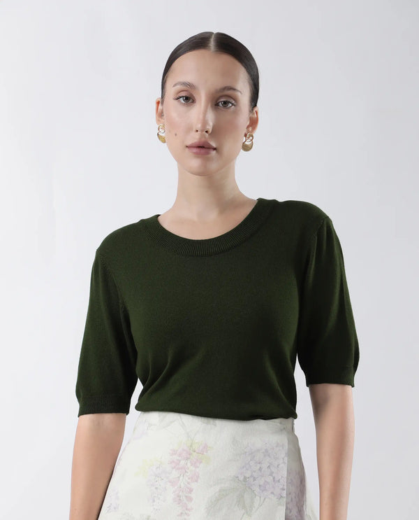Rareism Women Rohrdo Green Plain Crew Neck Plain Sweater