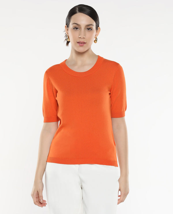 Rareism Women Rohrdo Orange Plain Crew Neck Plain Sweater