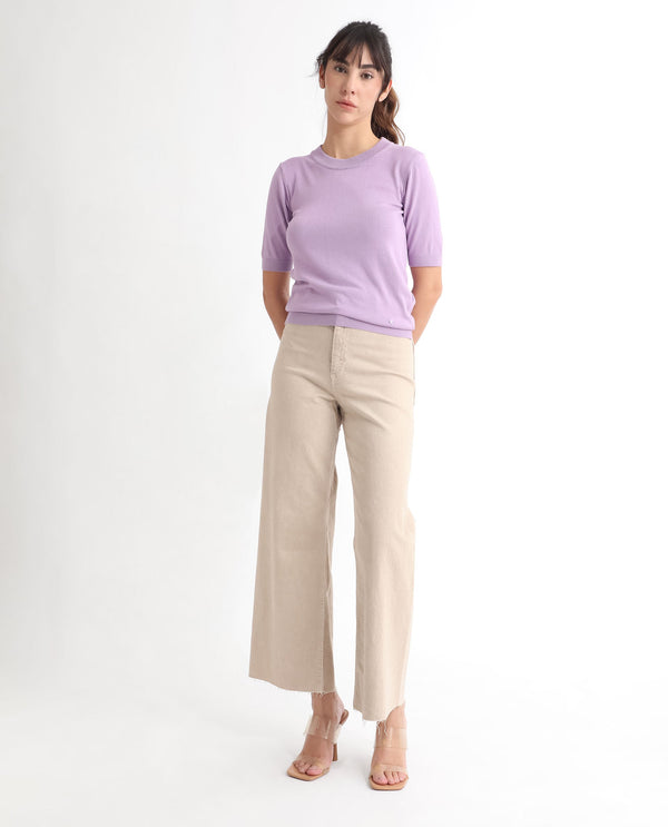 Rareism Women Rohrdo Pastel Purple Viscose Fabric Short Sleeves Round Neck Regular Fit Plain Sweater