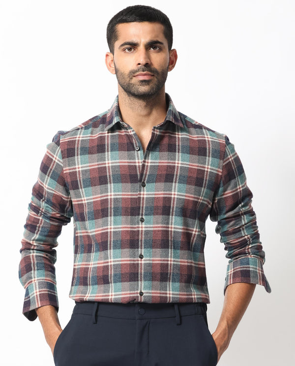 Rare Rabbit Men's Rojen Brown Cotton Fabric Full Sleeves Checks Shirt