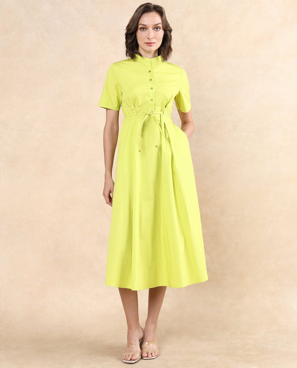 Rareism Women's Rokl Green Cotton Blend Fabric Mandarin Collar Button Closure Half Sleeve Plain Flared Midi Dress
