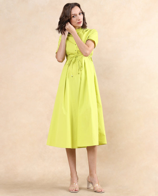 Rareism Women's Rokl Green Cotton Blend Fabric Mandarin Collar Button Closure Half Sleeve Plain Flared Midi Dress