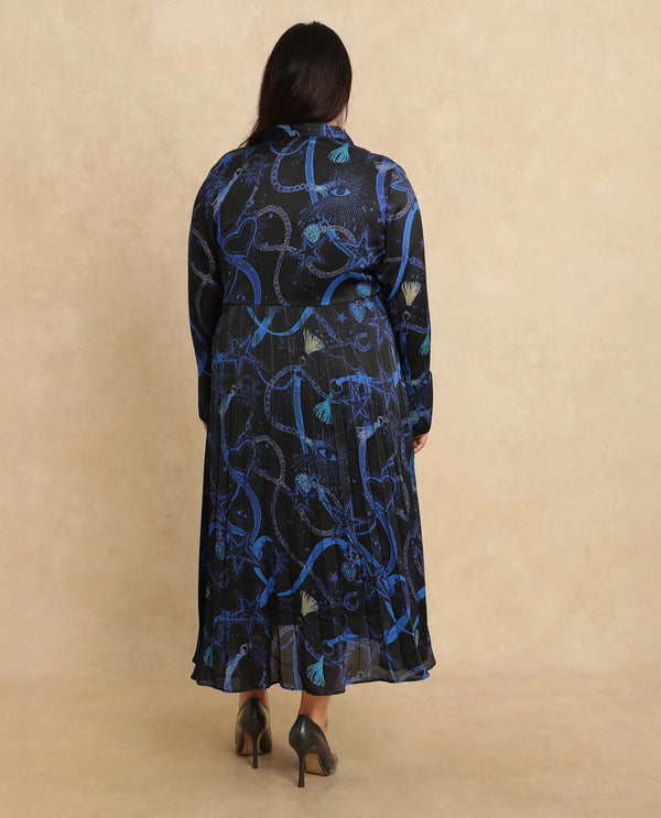 Rareism Women Romros Dark Multi Satin Cuffed Sleeve Collared Neck Button Closure Flared Maxi Object Print Dress