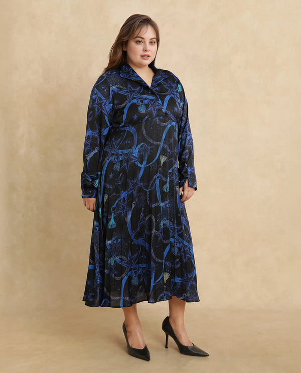 Rareism Women Romros Dark Multi Satin Cuffed Sleeve Collared Neck Button Closure Flared Maxi Object Print Dress