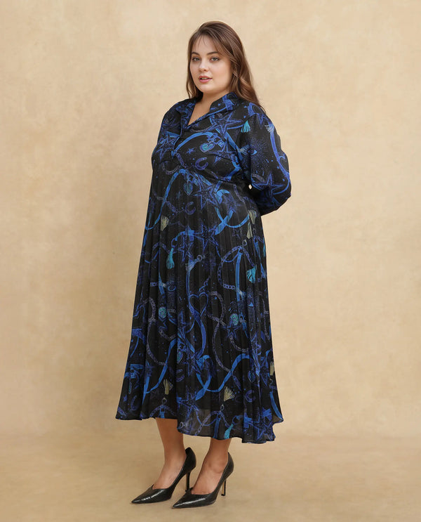 Rareism Women Romros Dark Multi Satin Cuffed Sleeve Collared Neck Button Closure Flared Maxi Object Print Dress