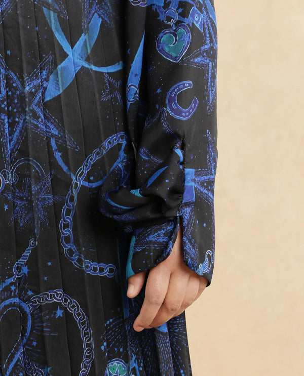 Rareism Women Romros Dark Multi Satin Cuffed Sleeve Collared Neck Button Closure Flared Maxi Object Print Dress