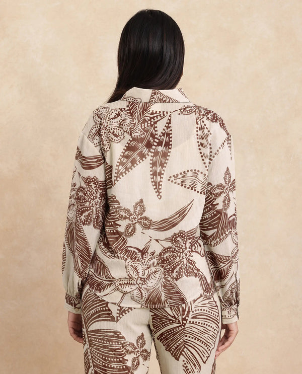 Rareism Women Ron-T Beige 100% Polyester Fabric Bishop Sleeves Collared Neck Relaxed Fit Floral Print Top