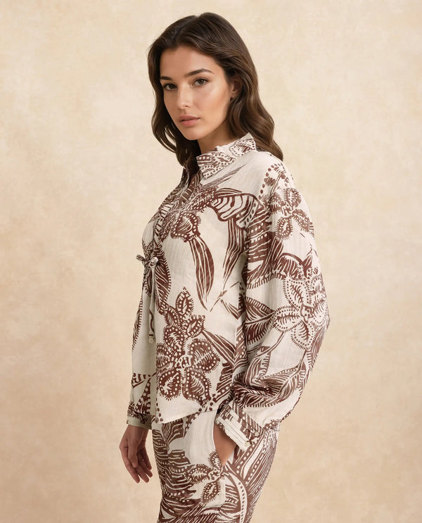 Rareism Women Ron-T Beige 100% Polyester Fabric Bishop Sleeves Collared Neck Relaxed Fit Floral Print Top