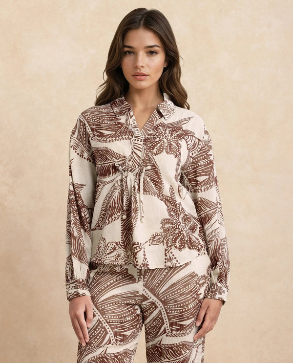Rareism Women Ron-T Beige 100% Polyester Fabric Bishop Sleeves Collared Neck Relaxed Fit Floral Print Top