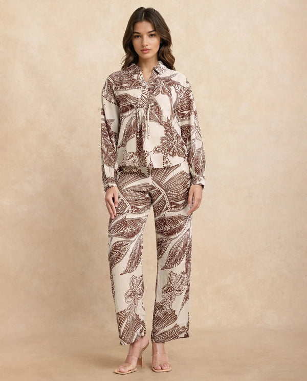 Rareism Women Ron-T Beige 100% Polyester Fabric Bishop Sleeves Collared Neck Relaxed Fit Floral Print Top