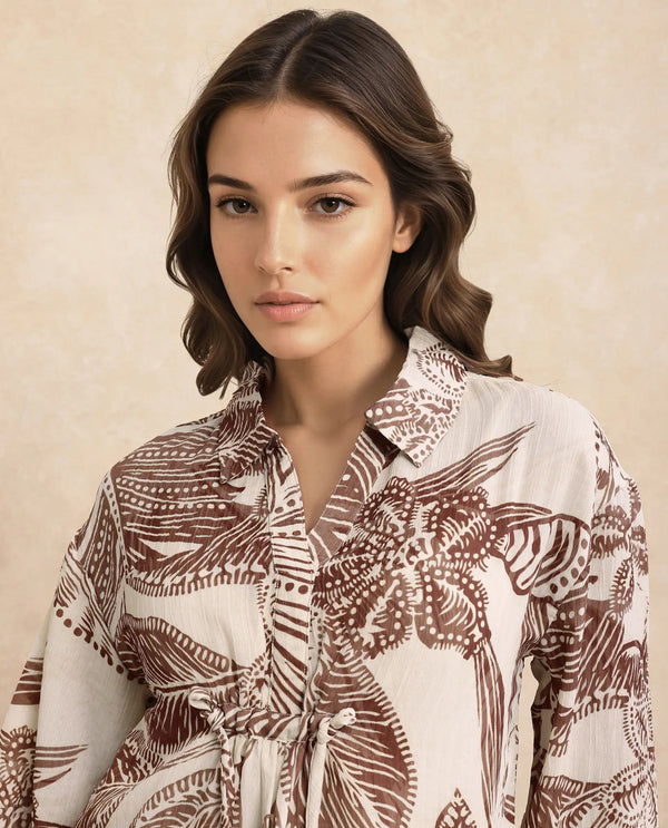 Rareism Women Ron-T Beige 100% Polyester Fabric Bishop Sleeves Collared Neck Relaxed Fit Floral Print Top